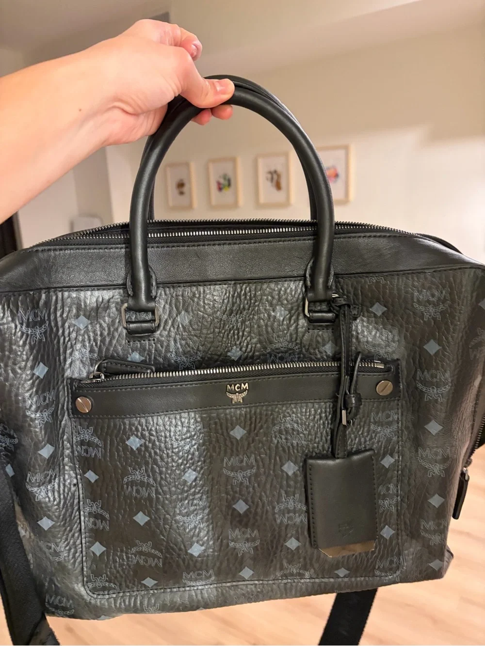 MCM Black Visetos Logo Leather Briefcase with Detachable Strap